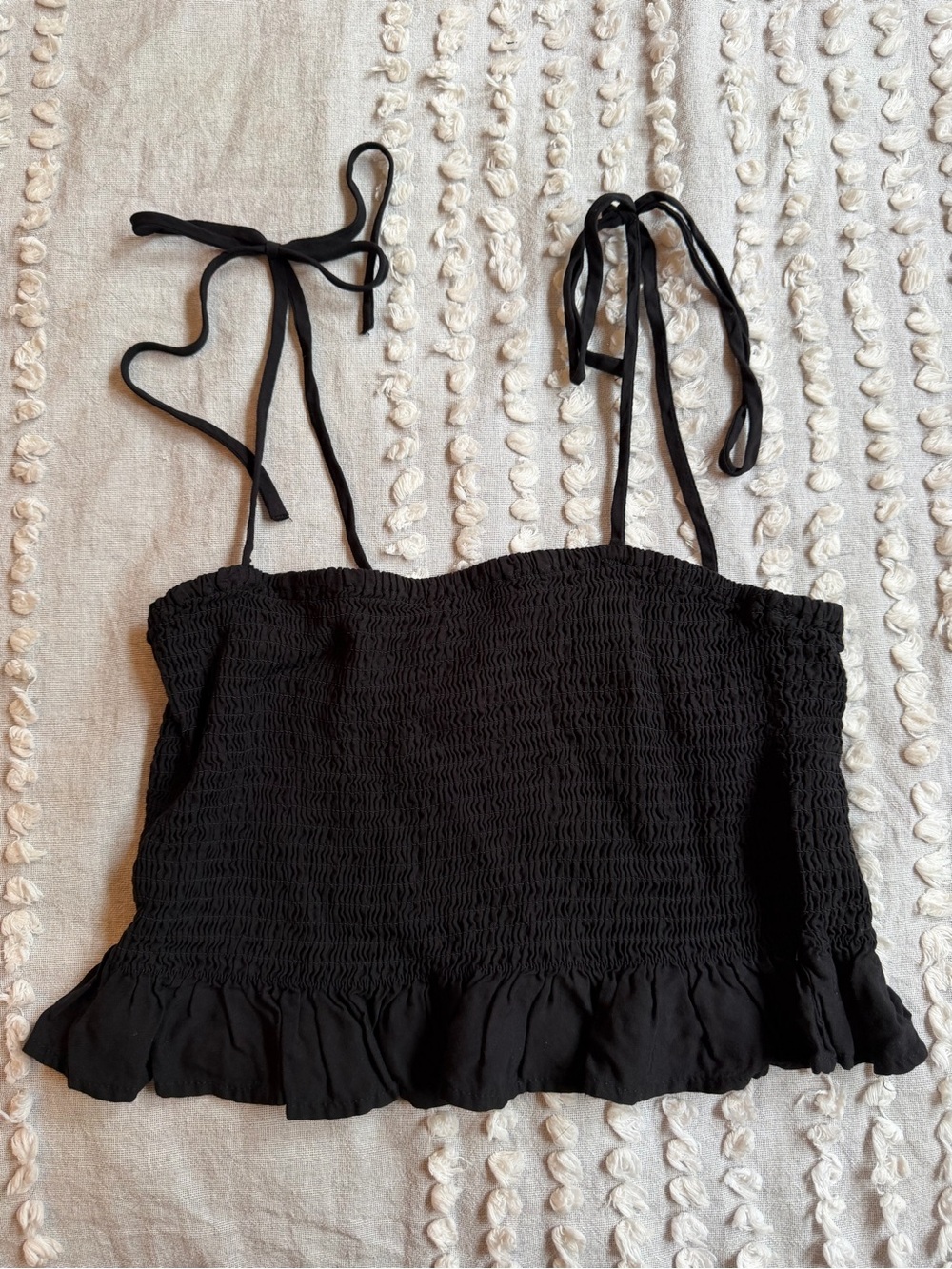Forever 21 Black Smocked Ruffle Tie-Shoulder Crop Top